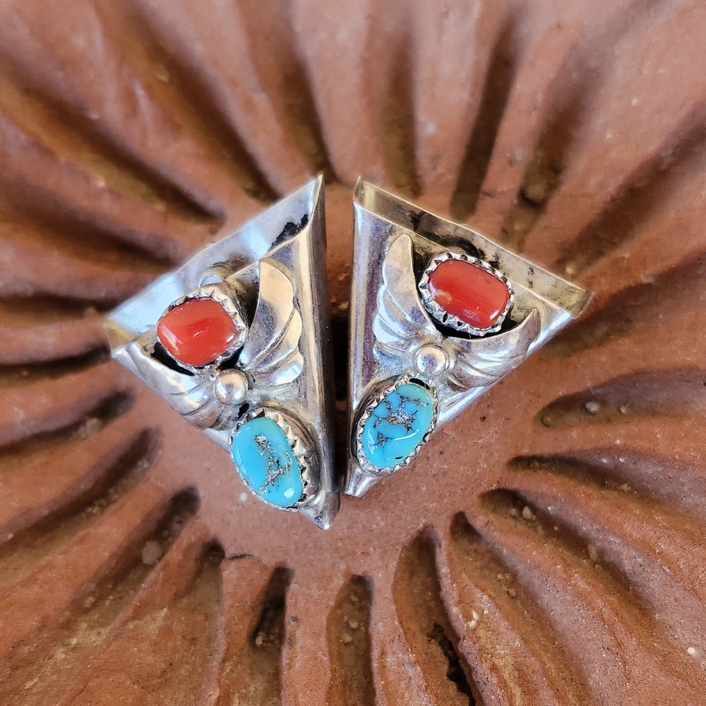 Native American Sterling Silver Turquoise Coral Signed Collar Tips Vintage AC